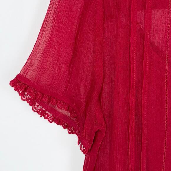 J Crew Women's Sheer Lace Trim Button Up Shirt Size 0 Red Short Sleeve - Picture 7 of 16